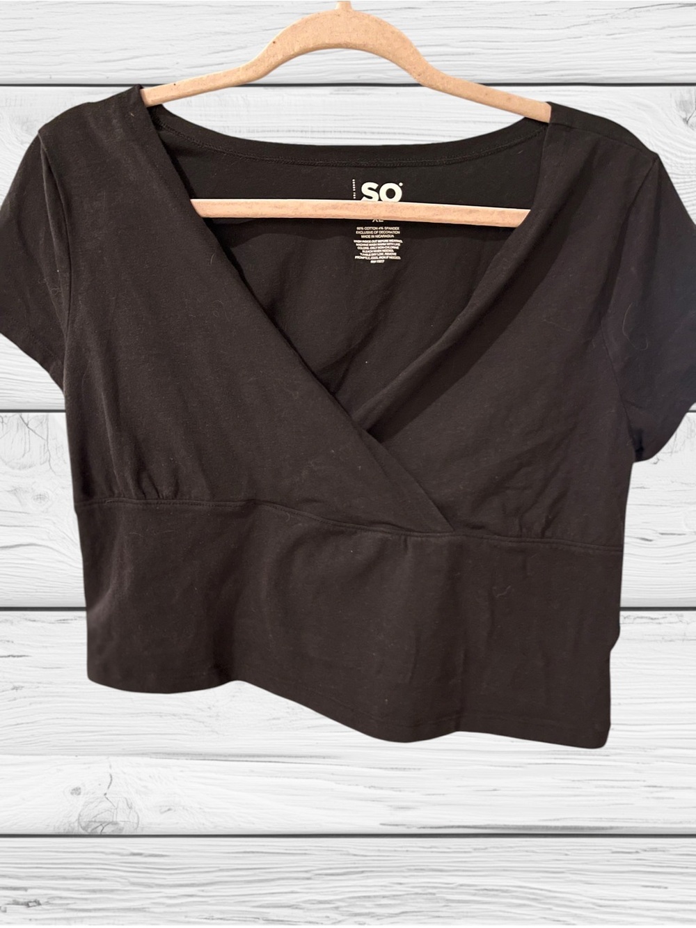SO Womens Black Wrap-Front Crop Short Sleeve Top